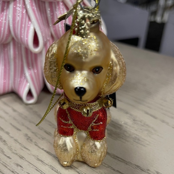 Christmas Santa Dog Blond Poodle Ornament Glitter Glass Vondels Amsterdam NWT - Picture 1 of 3